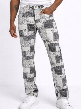 NEW w/ TAGS BoohooMAN Bandana Patchwork Jeans Size 32 Streetwear Paisley Denim